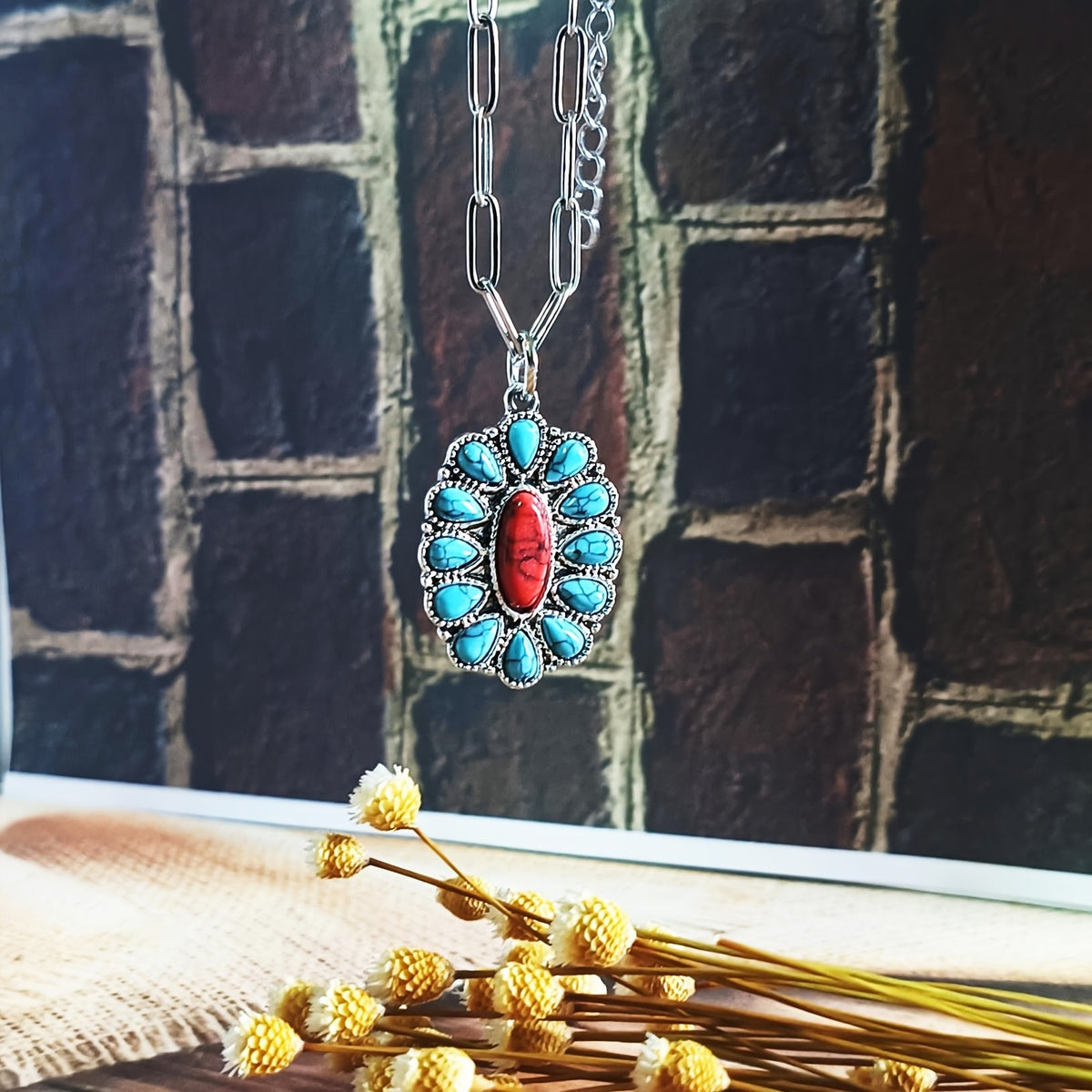 Red & Turquoise Oval Pendant Necklace