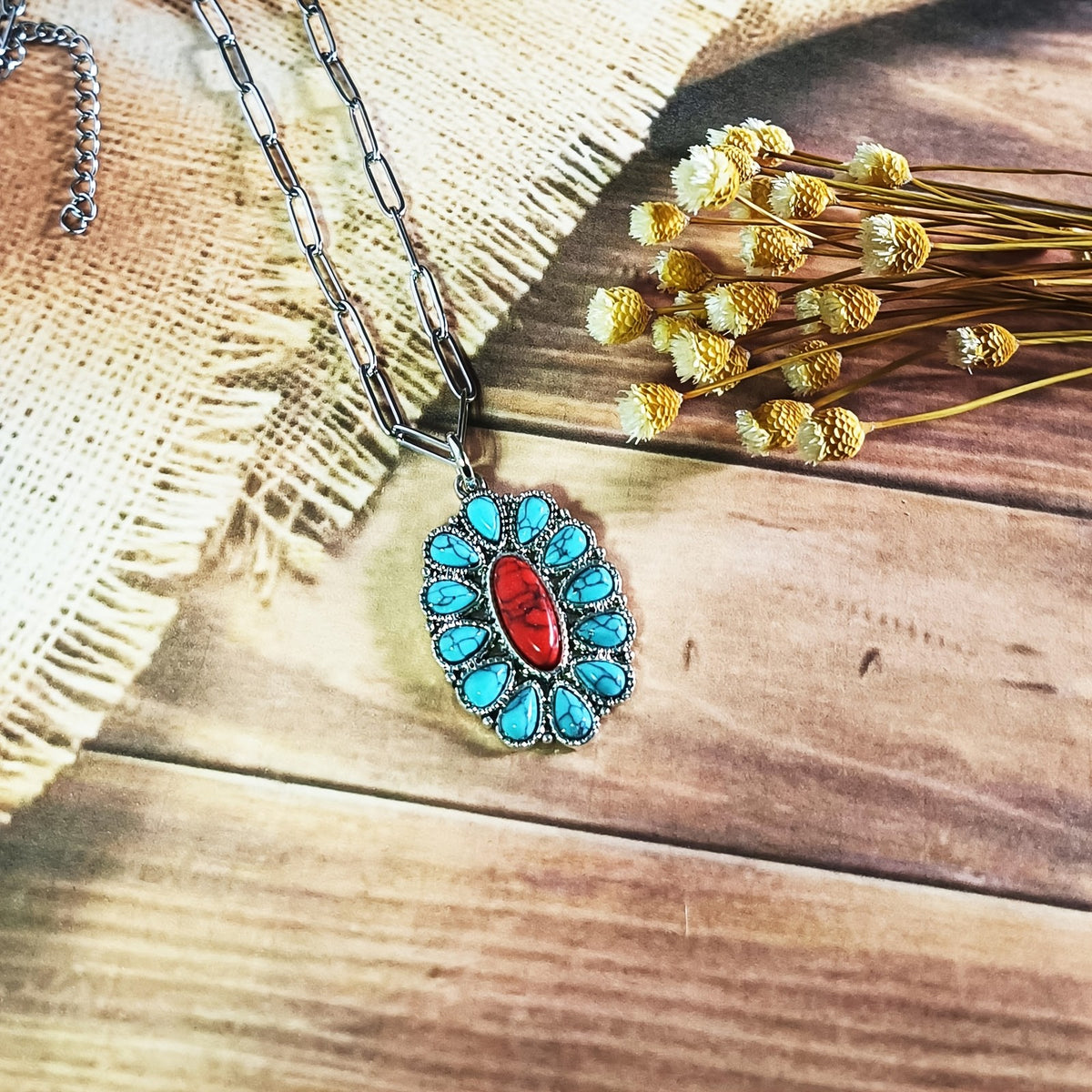 Red & Turquoise Oval Pendant Necklace