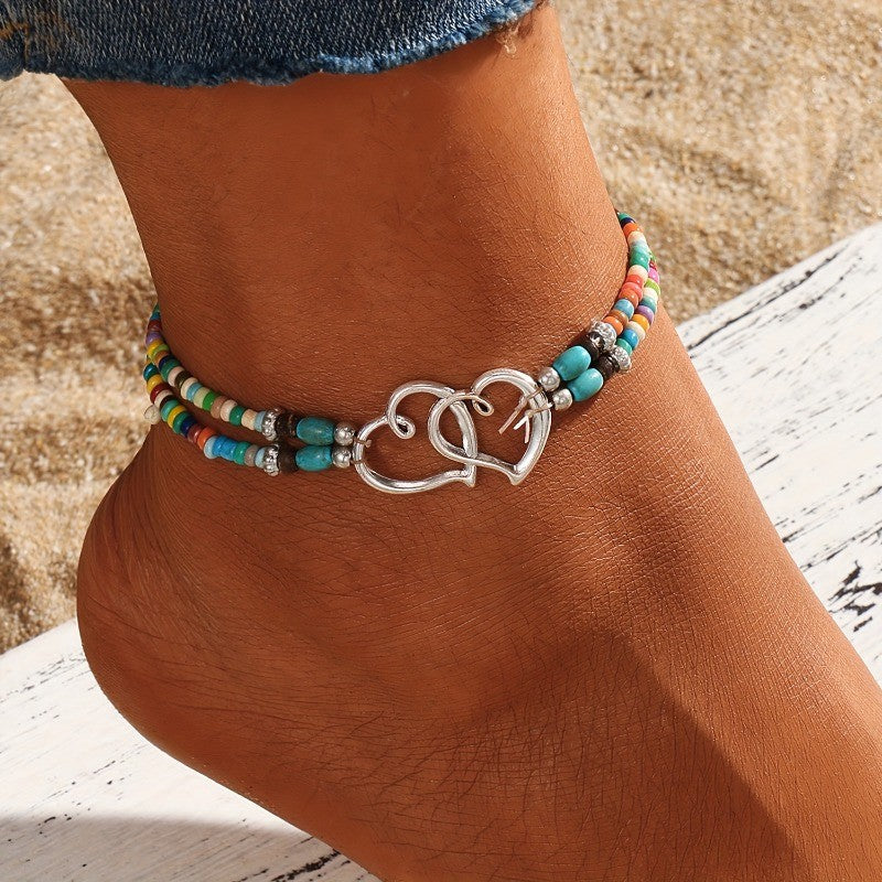 Double Heart Beaded Anklet Set