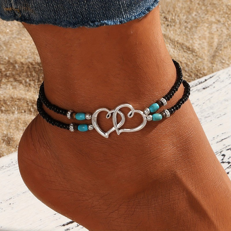 Double Heart Beaded Anklet Set
