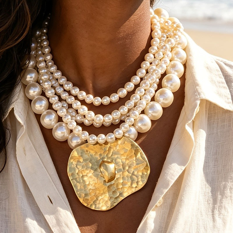 Hammered Disc Layered Pearl Pendant