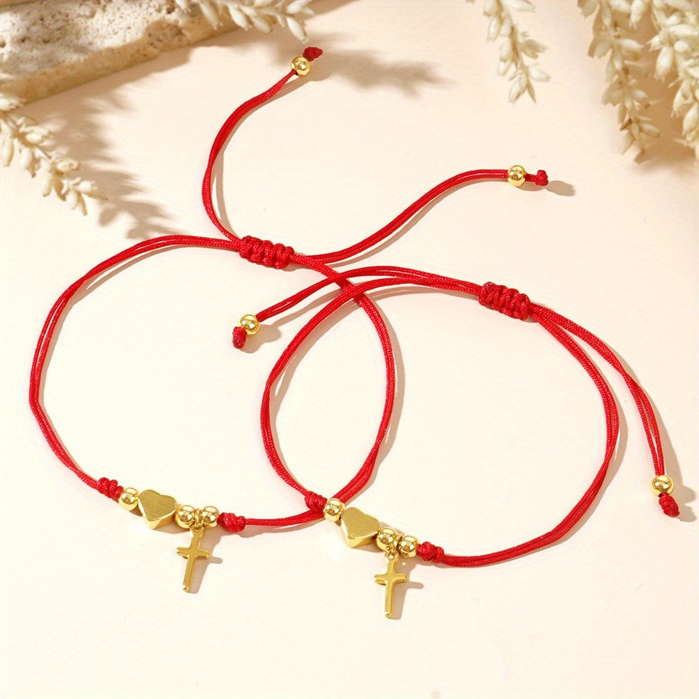 Heart & Cross Red Cord Bracelet Set