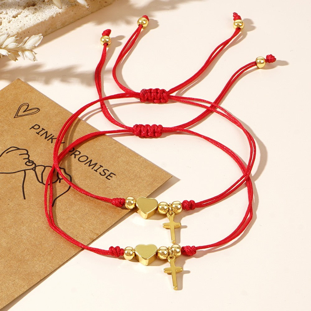 Heart & Cross Red Cord Bracelet Set