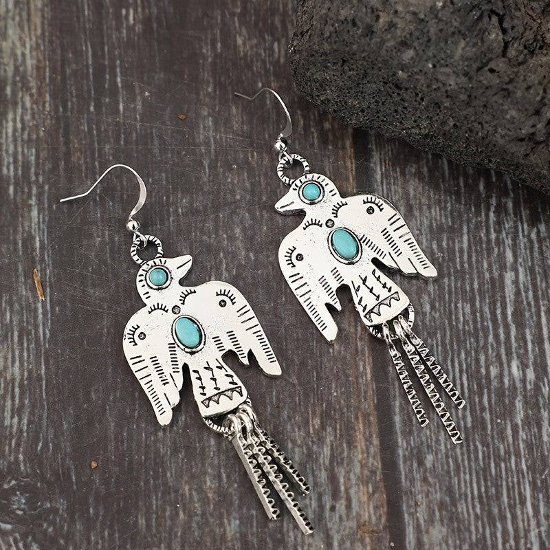 Turquoise Bird Tassel Earrings