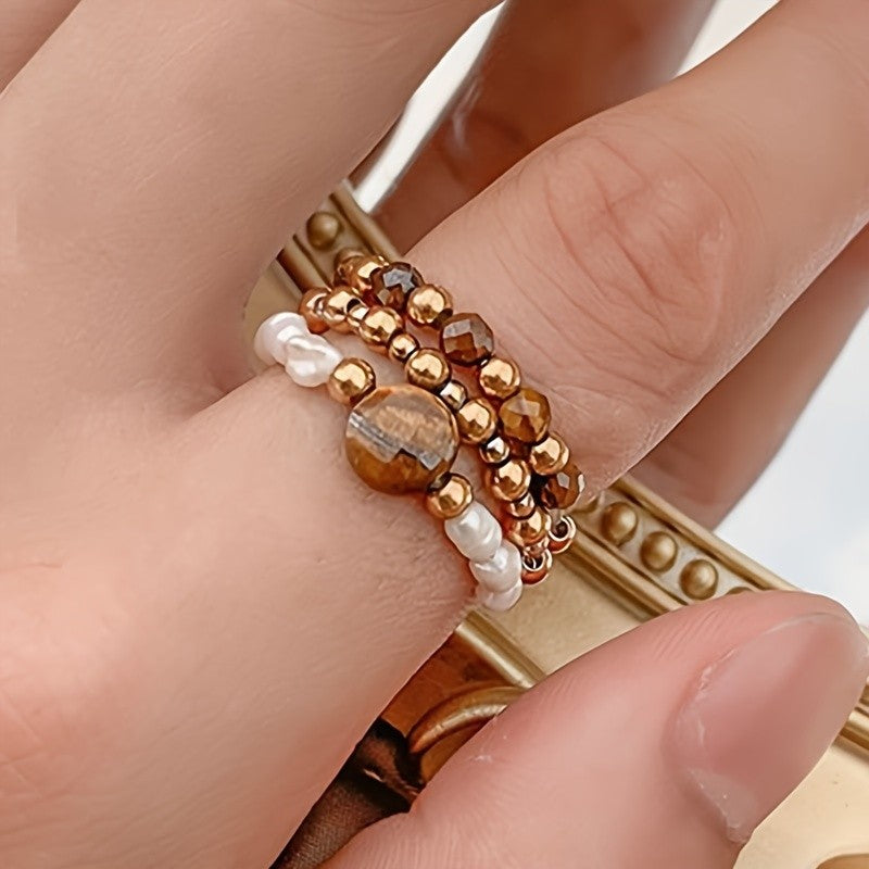 Green Stone & Pearl Stackable Ring Set