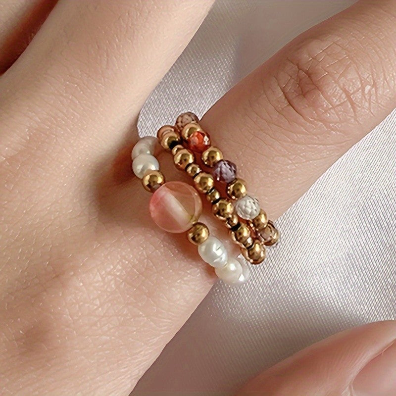Green Stone & Pearl Stackable Ring Set