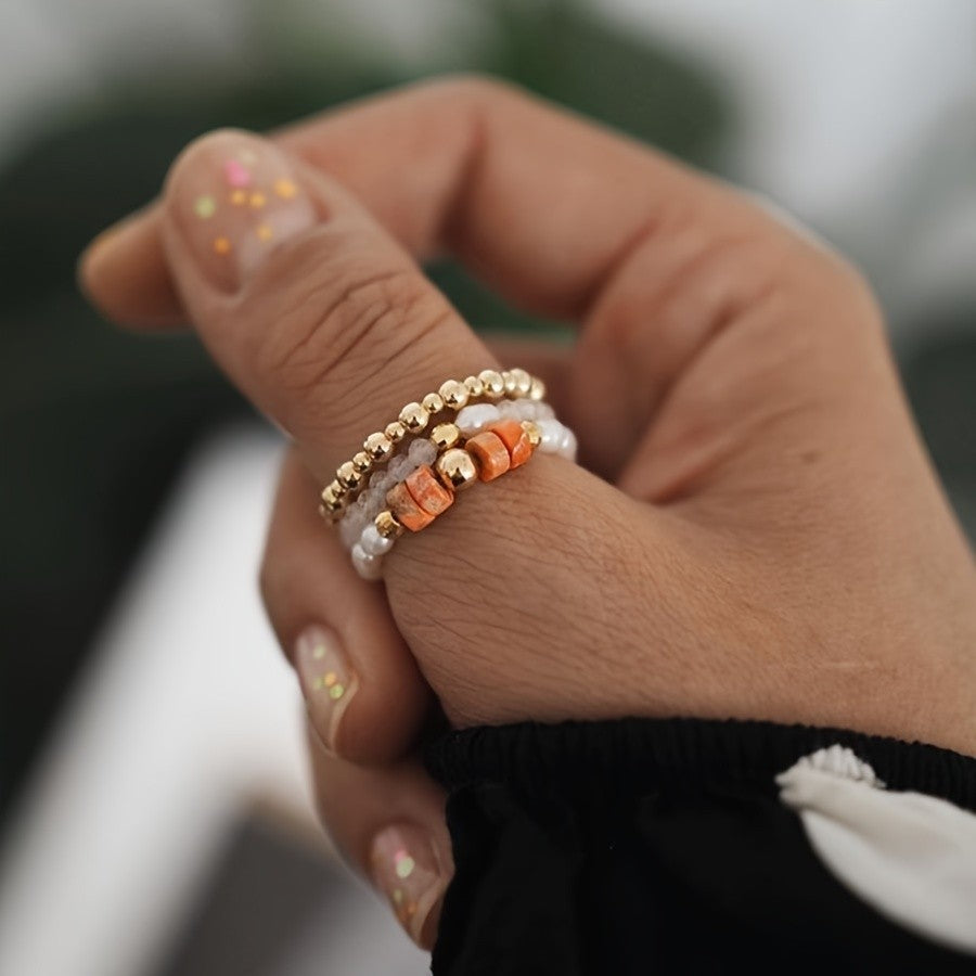 Green Stone & Pearl Stackable Ring Set