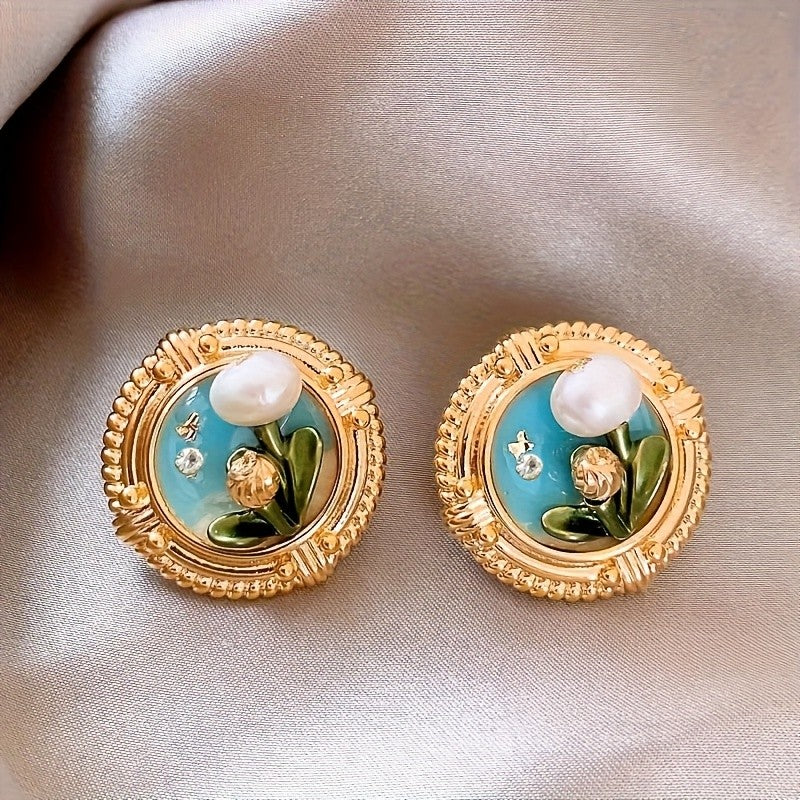 Blue Floral Pearl Stud Earrings