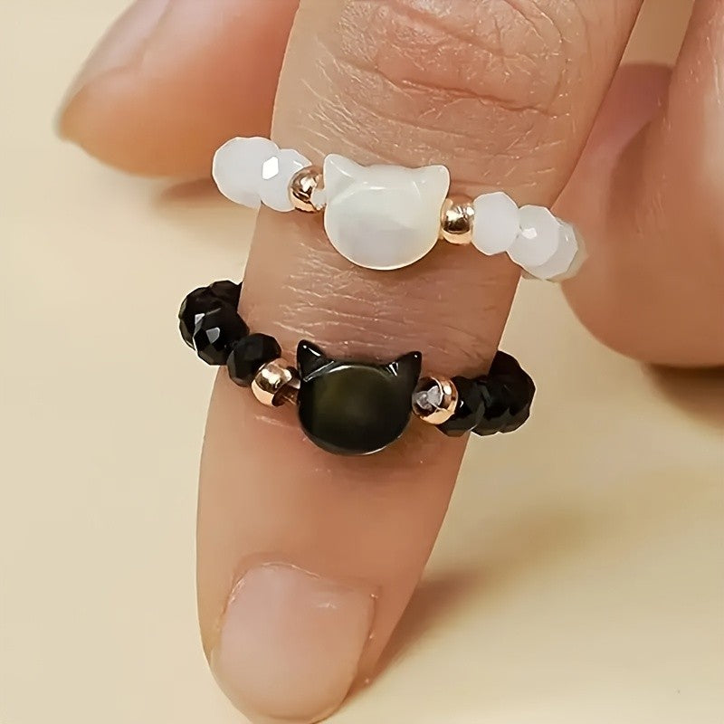 Black & White Cat Beaded Ring Set
