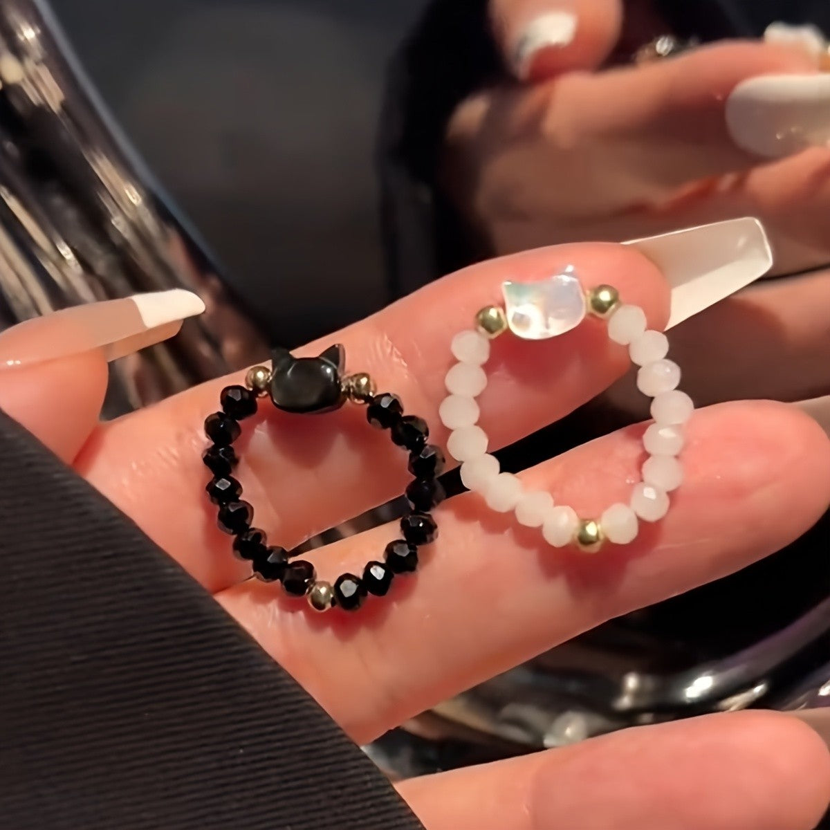 Black & White Cat Beaded Ring Set