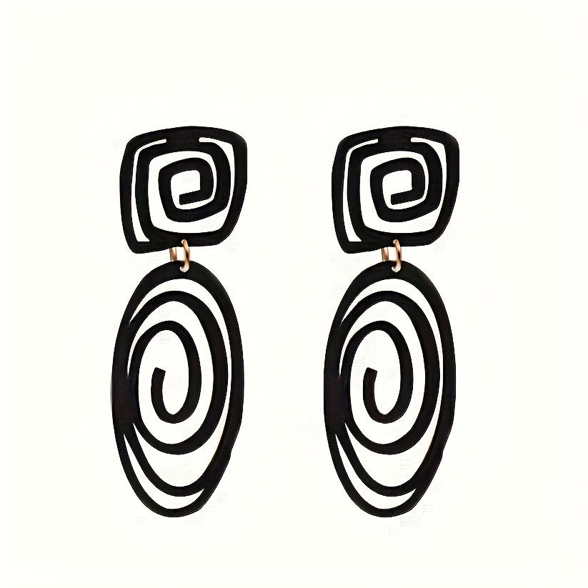 Black Geometric Spiral Drop Earrings
