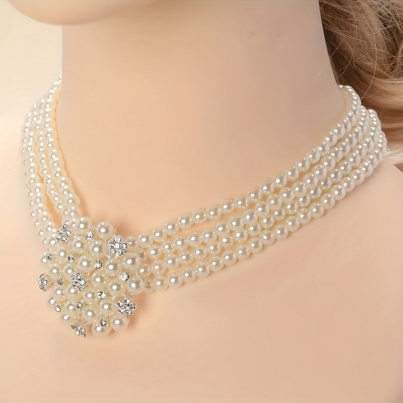Layered Pearl & Crystal Floral Necklace Set