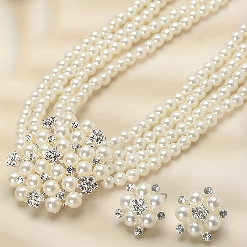 Layered Pearl & Crystal Floral Necklace Set