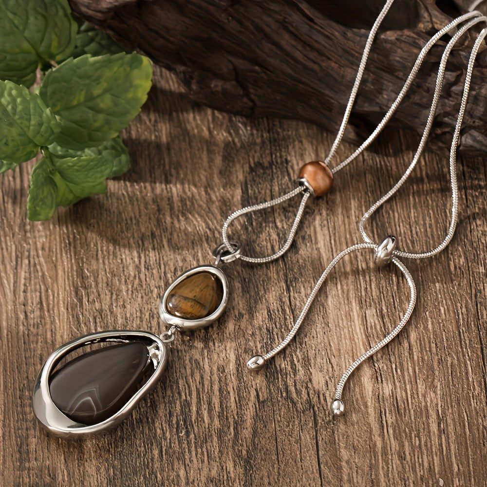 Dual Teardrop Stone Lariat Necklace