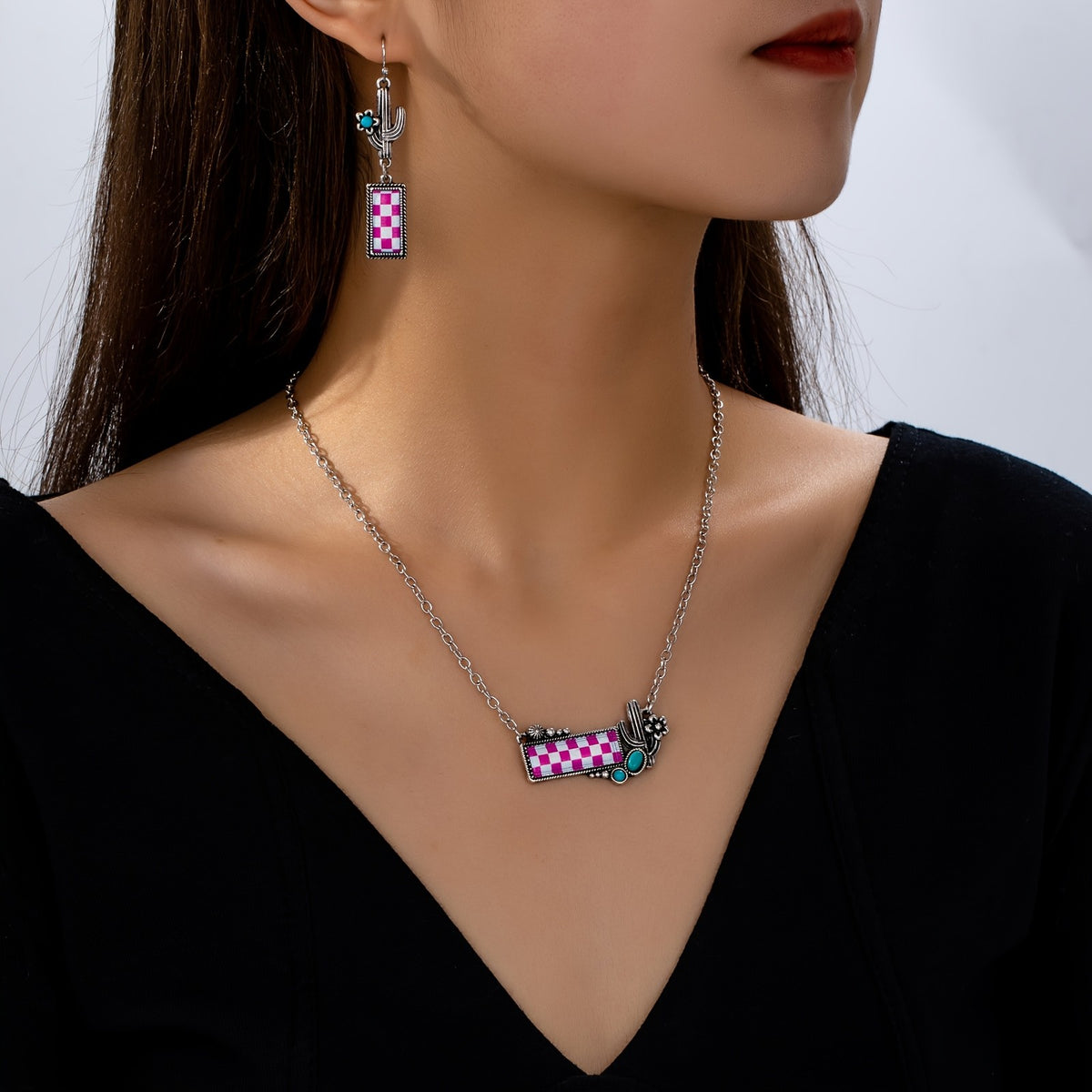 Checkerboard Cactus Necklace & Earring Set