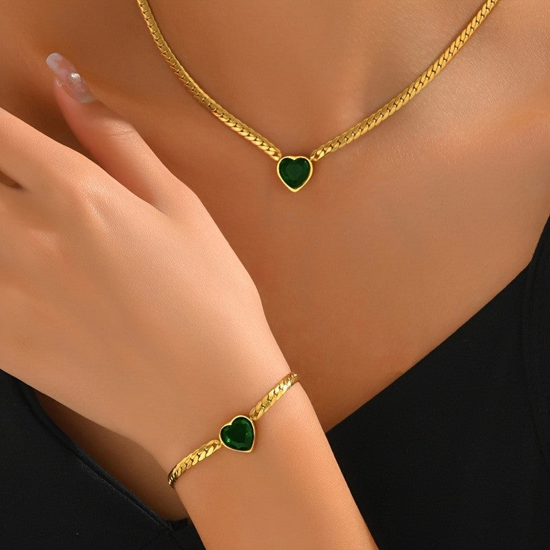Green Heart Figaro Link Necklace & Bracelet Set