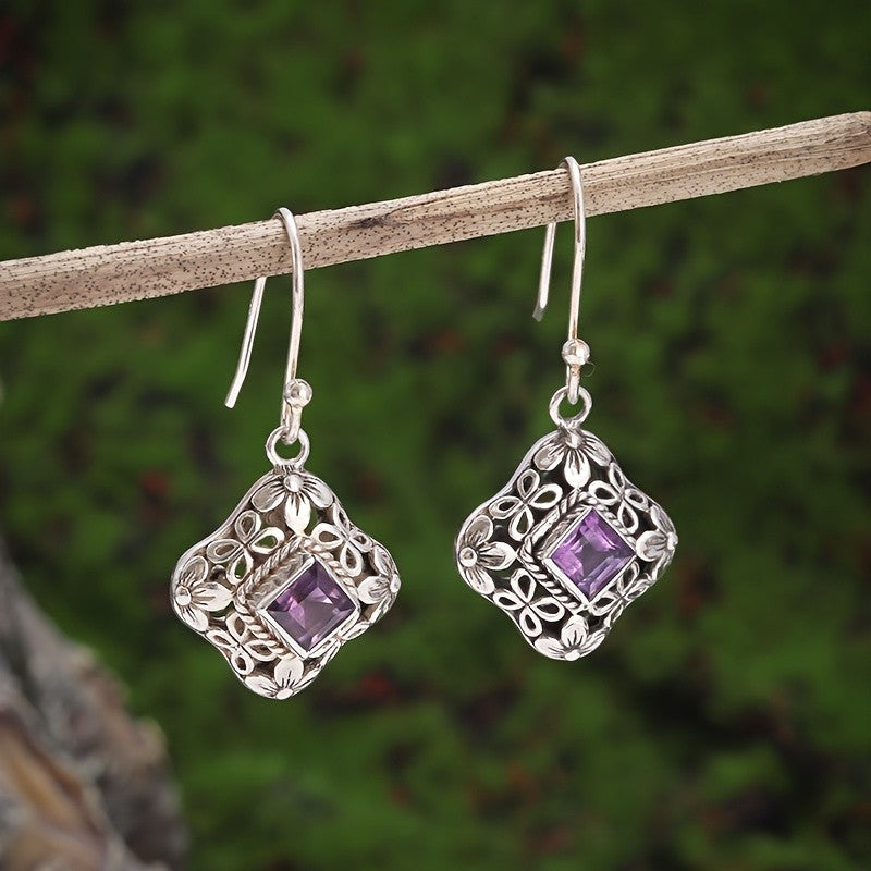 Purple Zircon Floral Square Drop Earrings