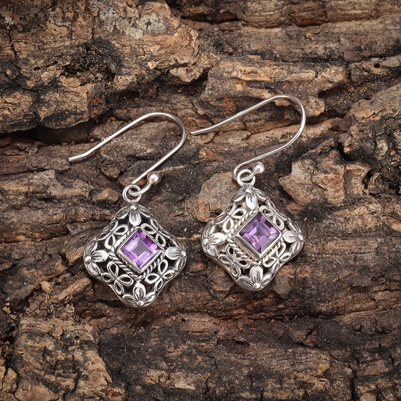 Purple Zircon Floral Square Drop Earrings