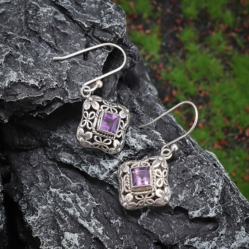Purple Zircon Floral Square Drop Earrings