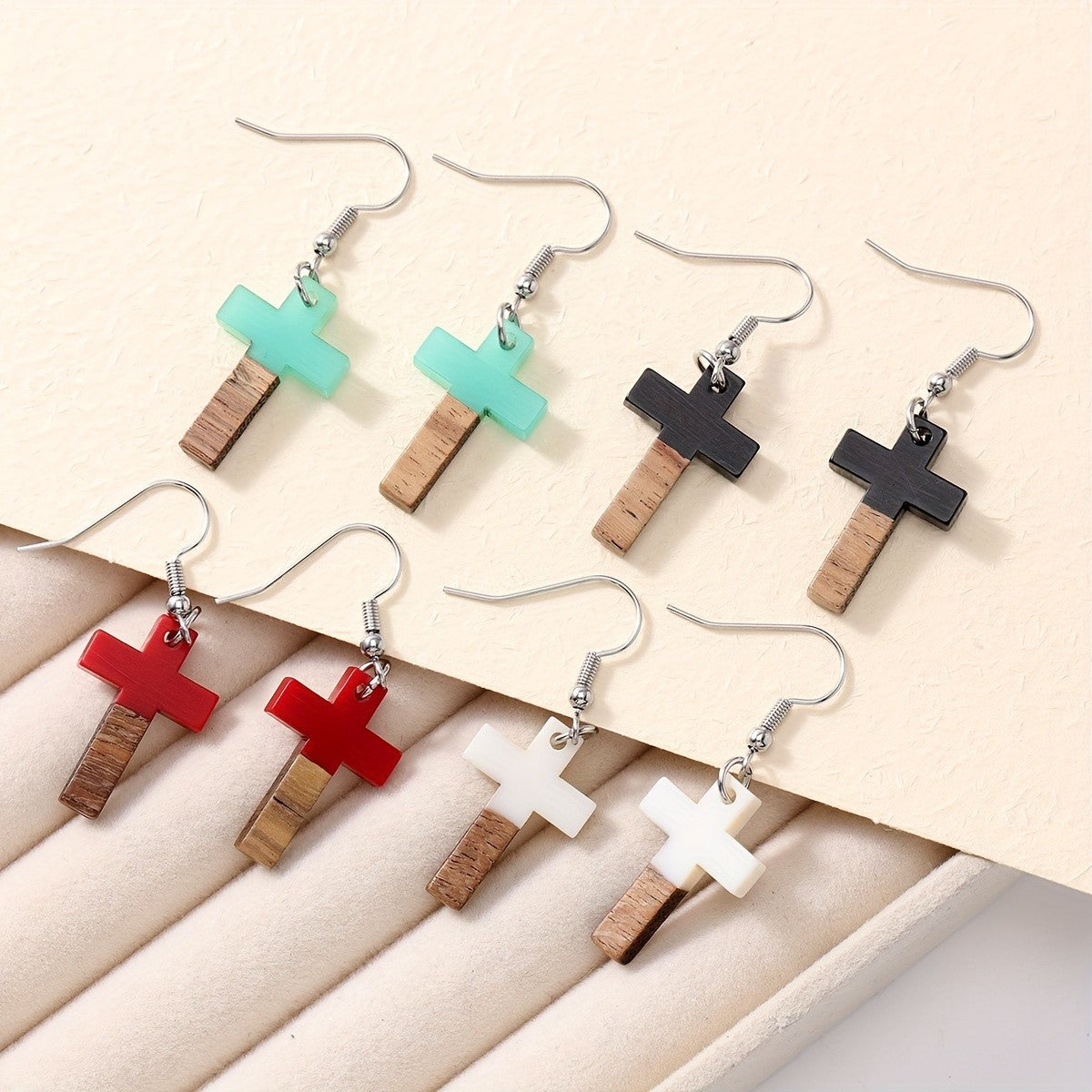 Mint Green Wood Cross Earrings