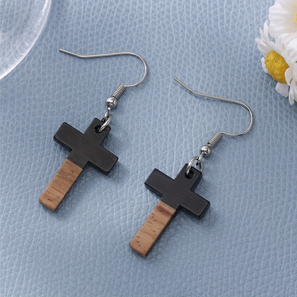 Mint Green Wood Cross Earrings