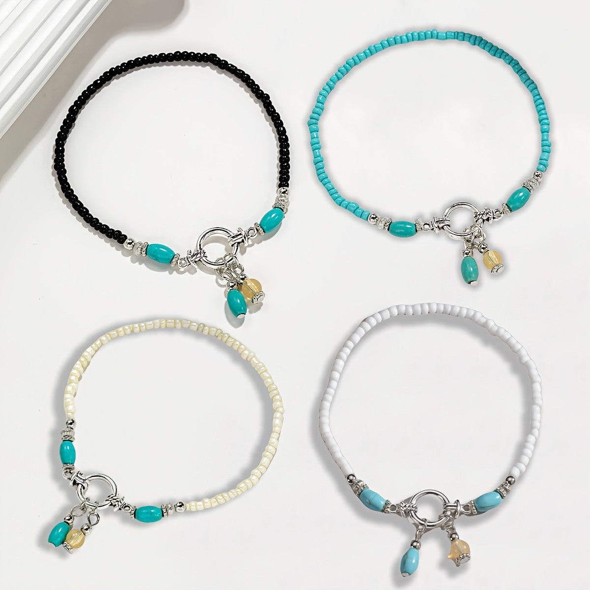 Turquoise & Black Beaded Layered Anklet Set