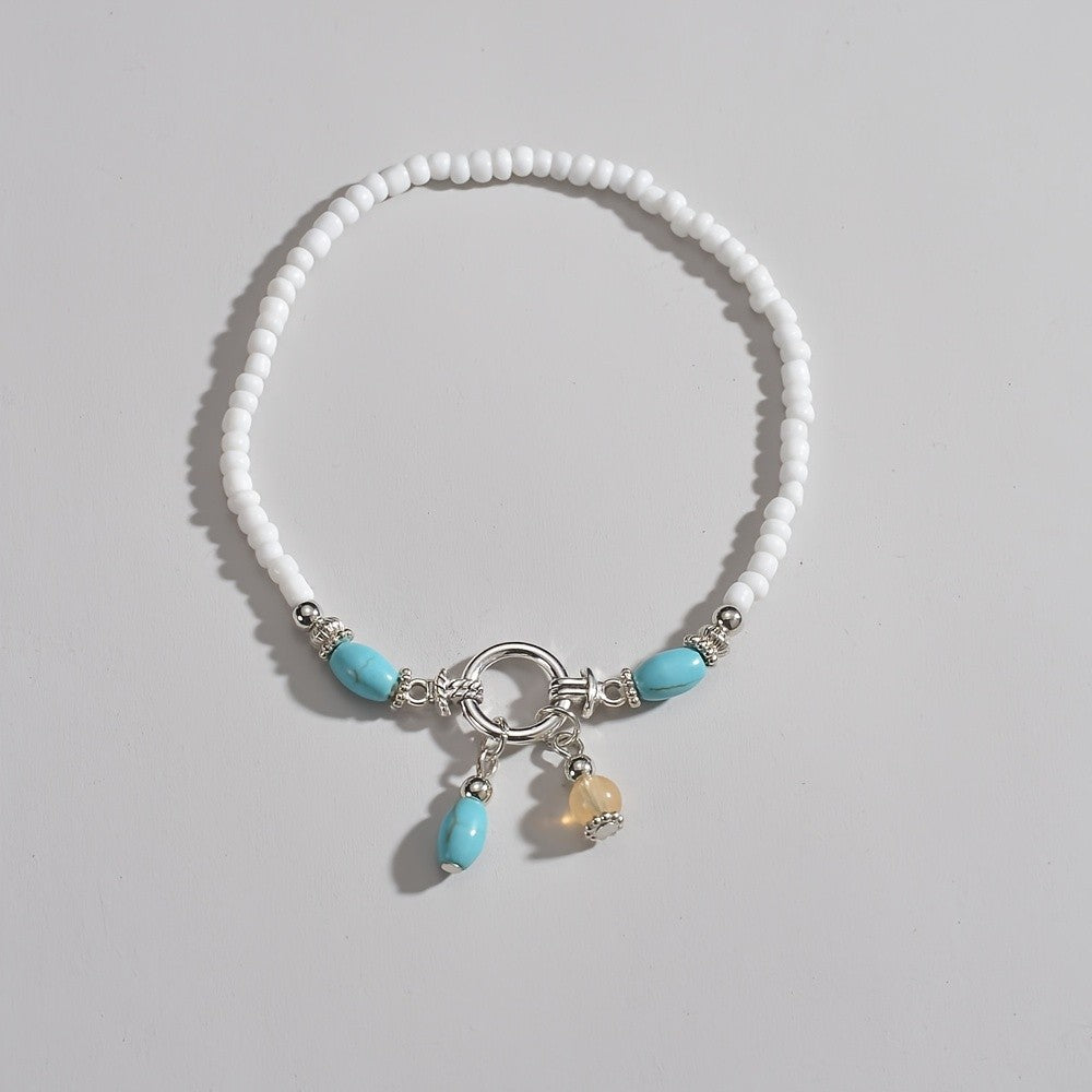 Turquoise & Black Beaded Layered Anklet Set