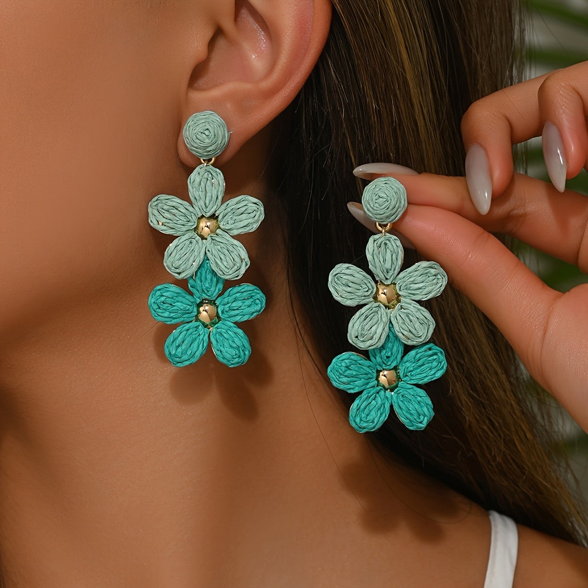 Woven Raffia Floral Drop Earrings