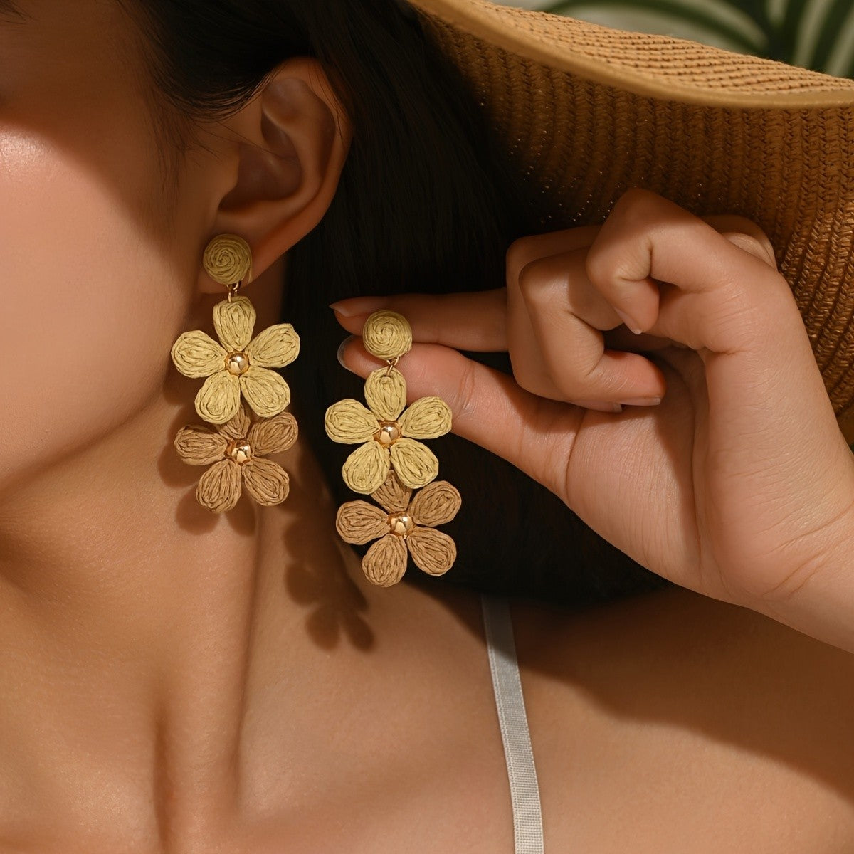 Woven Raffia Floral Drop Earrings