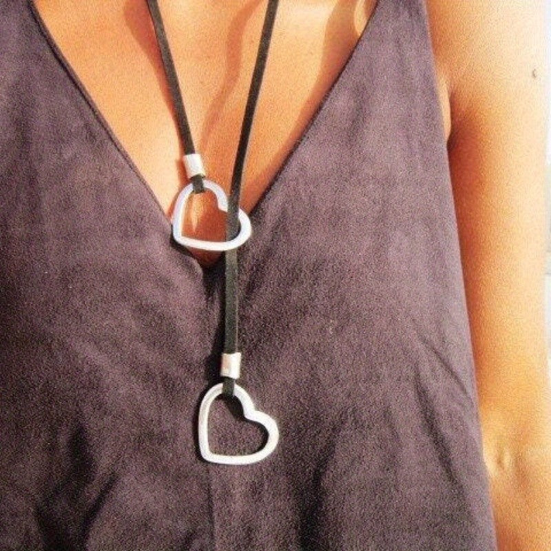 Double Heart Cord Lariat Necklace