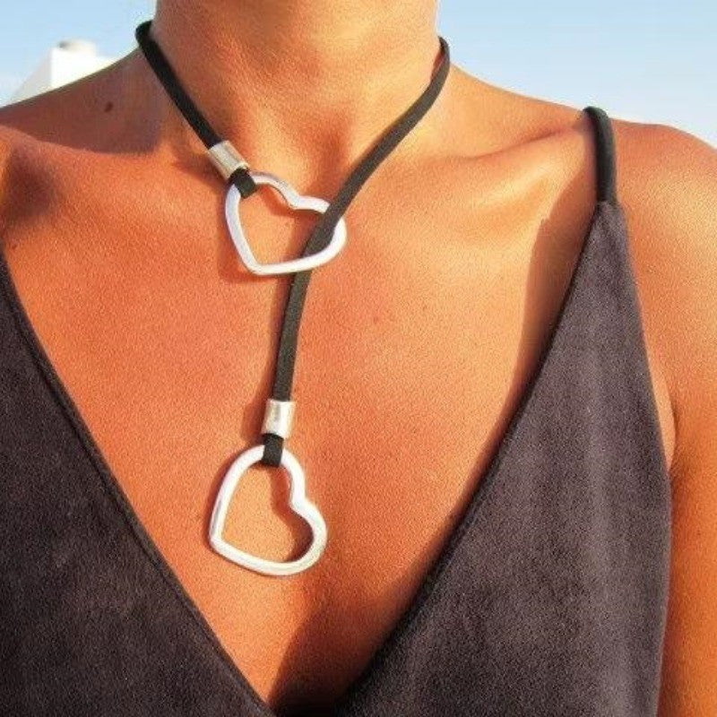 Double Heart Cord Lariat Necklace