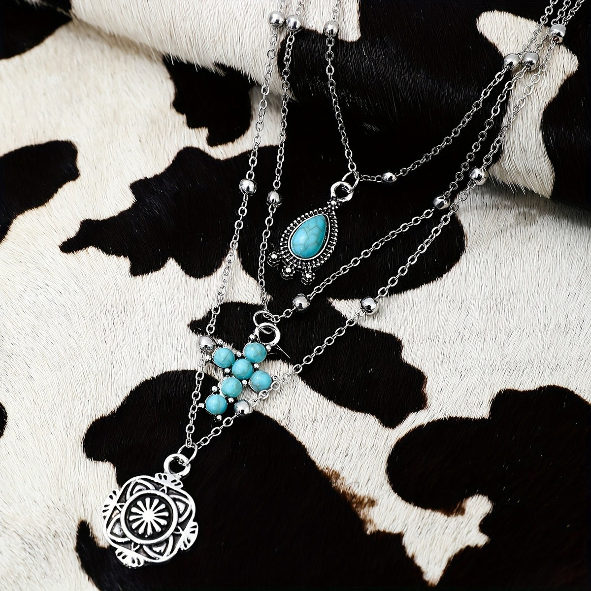 Turquoise Teardrop & Cross Layered Necklace Set