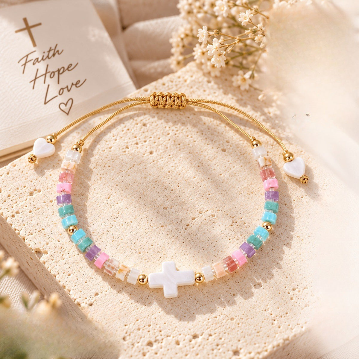 Colorful Stone Cross & Heart Bracelet