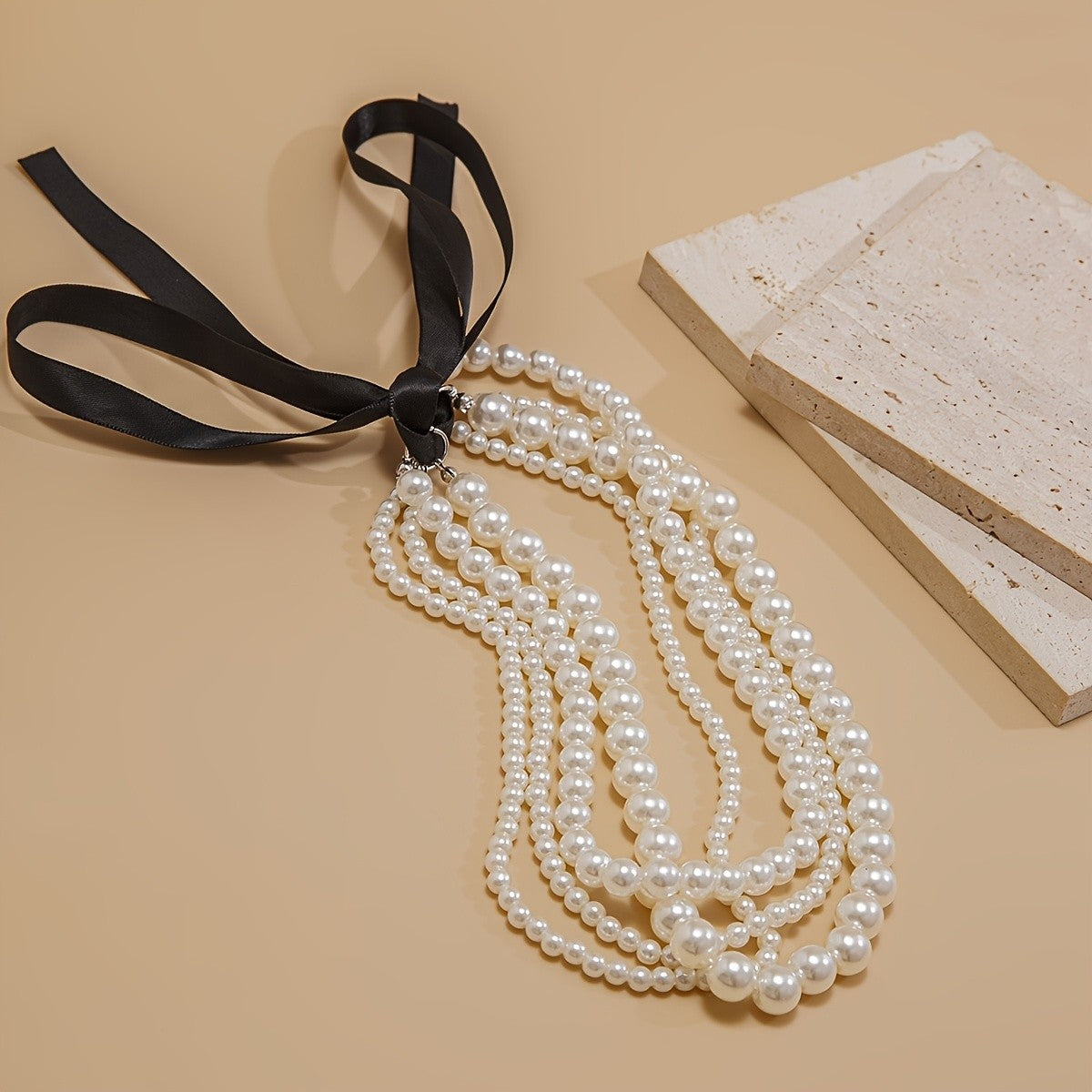 Triple Strand Pearl Ribbon Choker