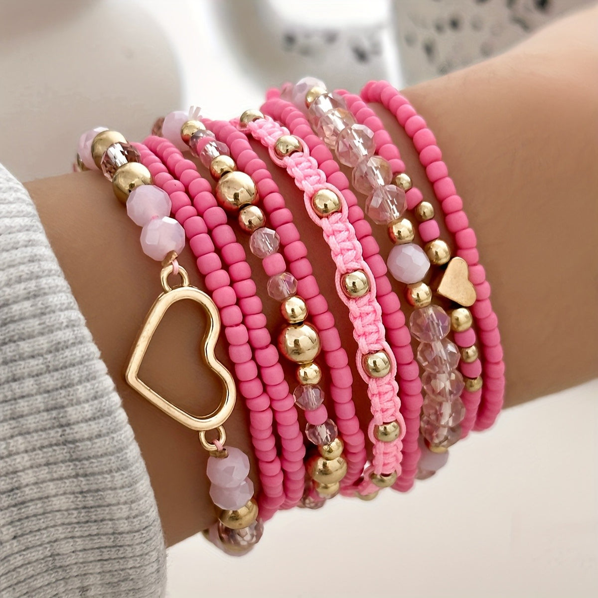 Pink Beaded Heart Charm Bracelet Set