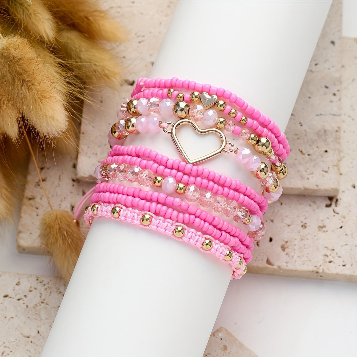 Pink Beaded Heart Charm Bracelet Set
