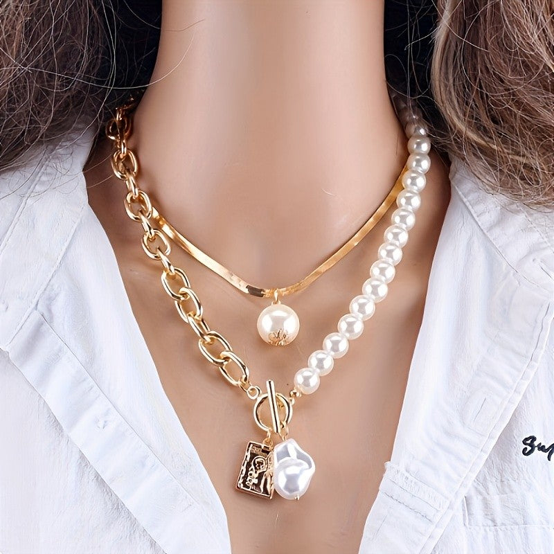 Layered Pearl & Toggle Charm Necklace