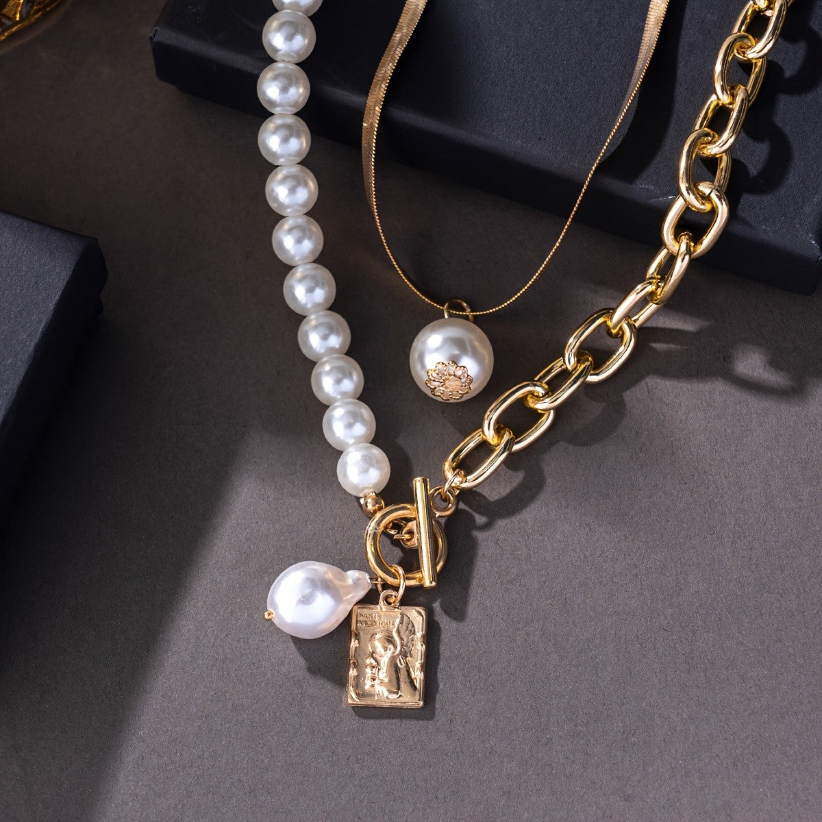 Layered Pearl & Toggle Charm Necklace