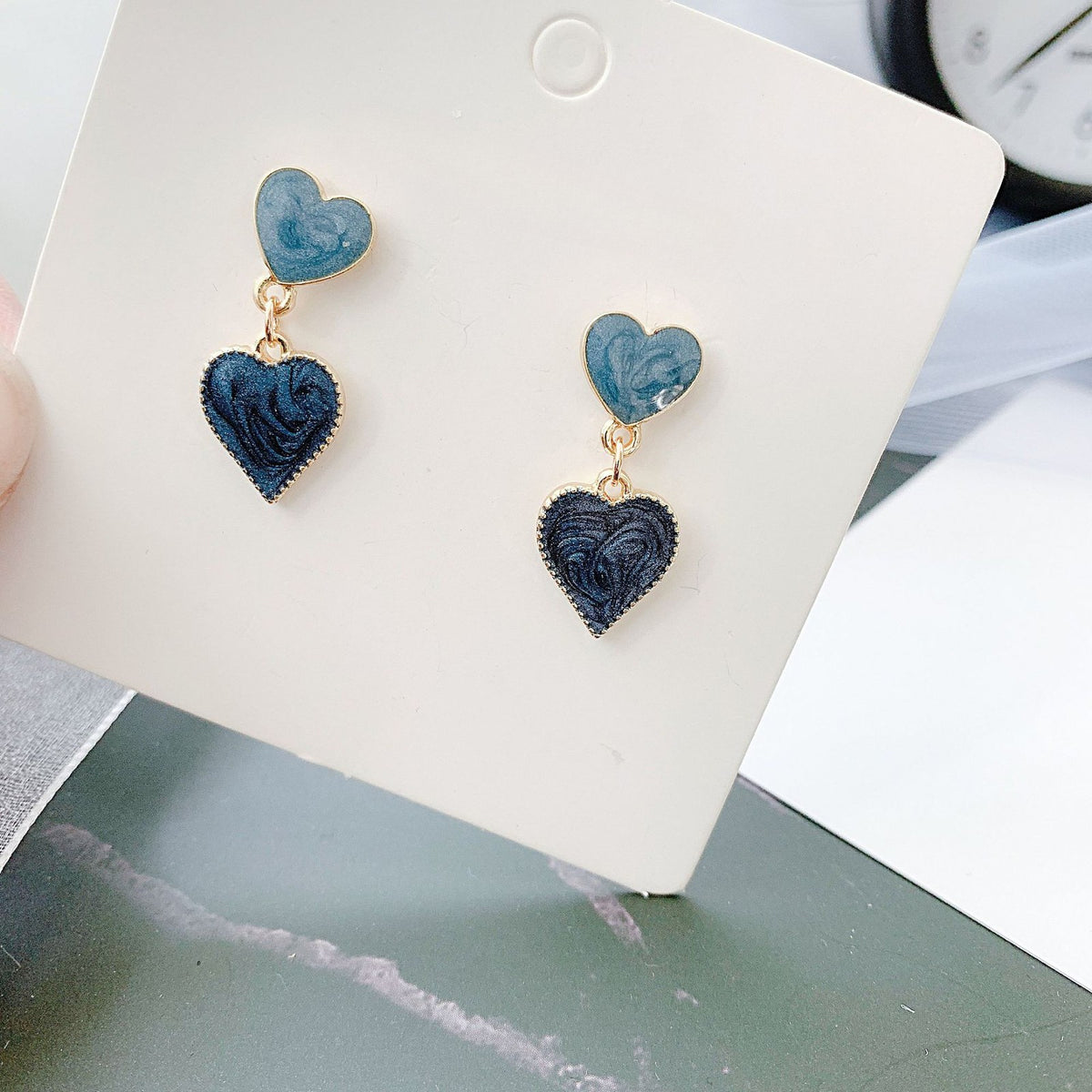 Blue Swirl Heart Drop Earrings