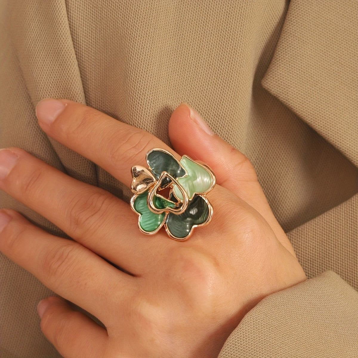 Green Enamel Heart Flower Ring