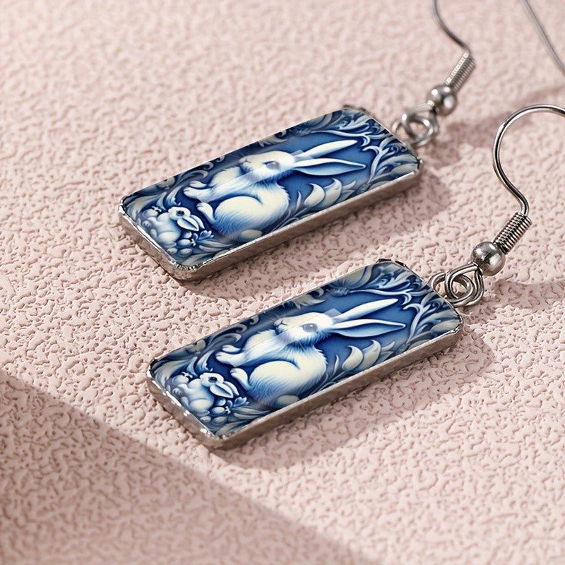 Blue Rabbit Rectangular Earrings