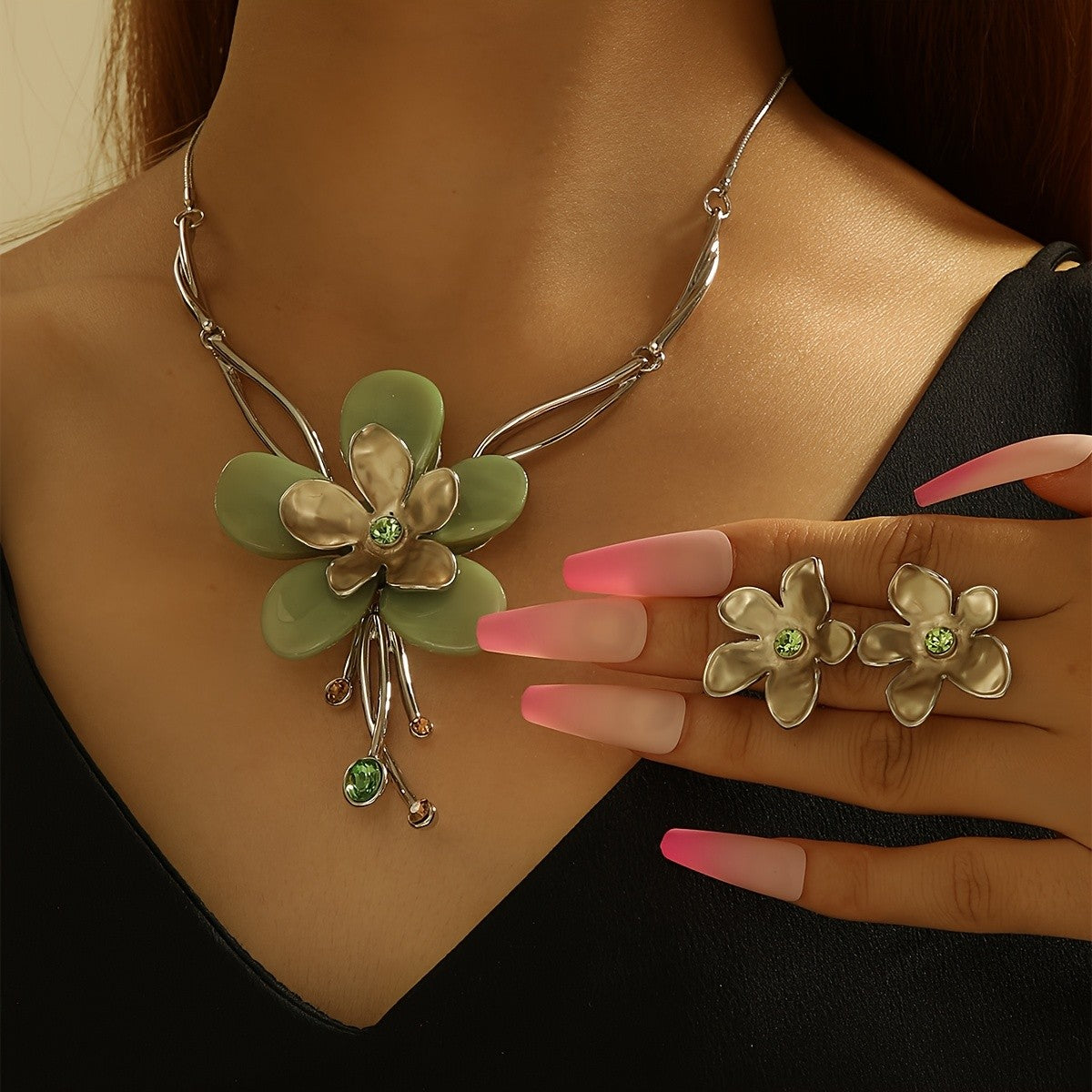 Green Resin Flower Necklace & Earring Set
