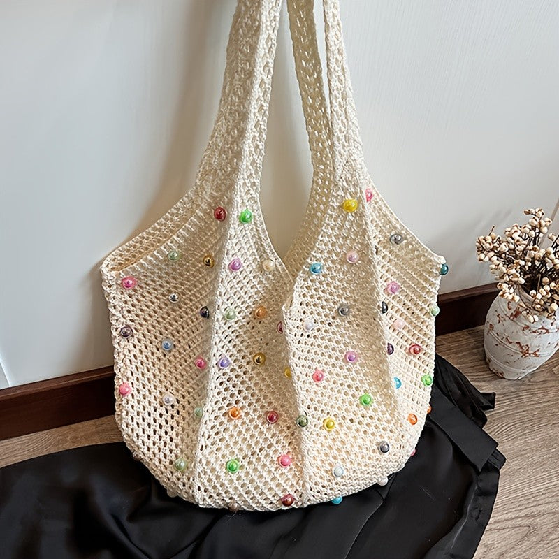 Green Crochet Pearl Tote Bag