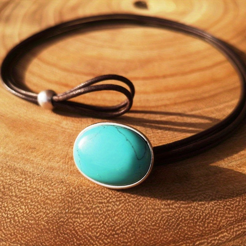 Turquoise Oval Leather Cord Necklace