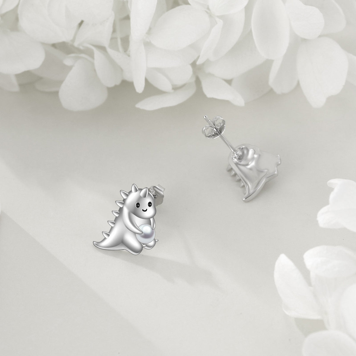 Smiling Dinosaur Pearl Stud Earrings