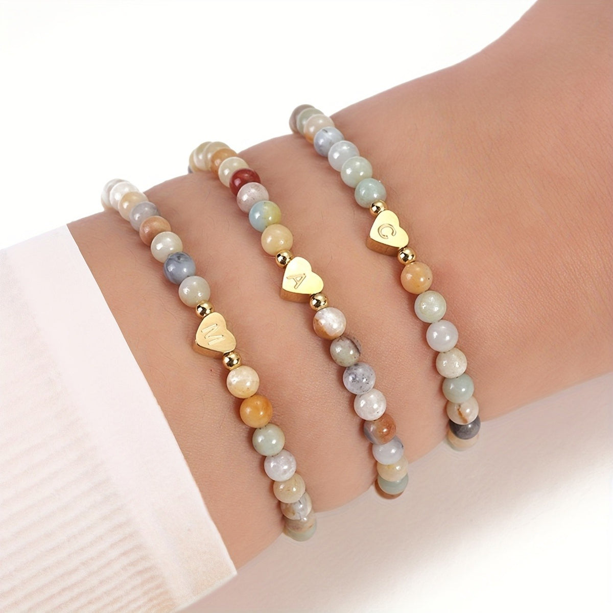 Multicolor Natural Stone Heart Initial Bracelet