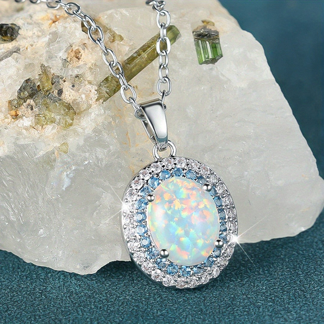 Opal Halo Pendant Necklace