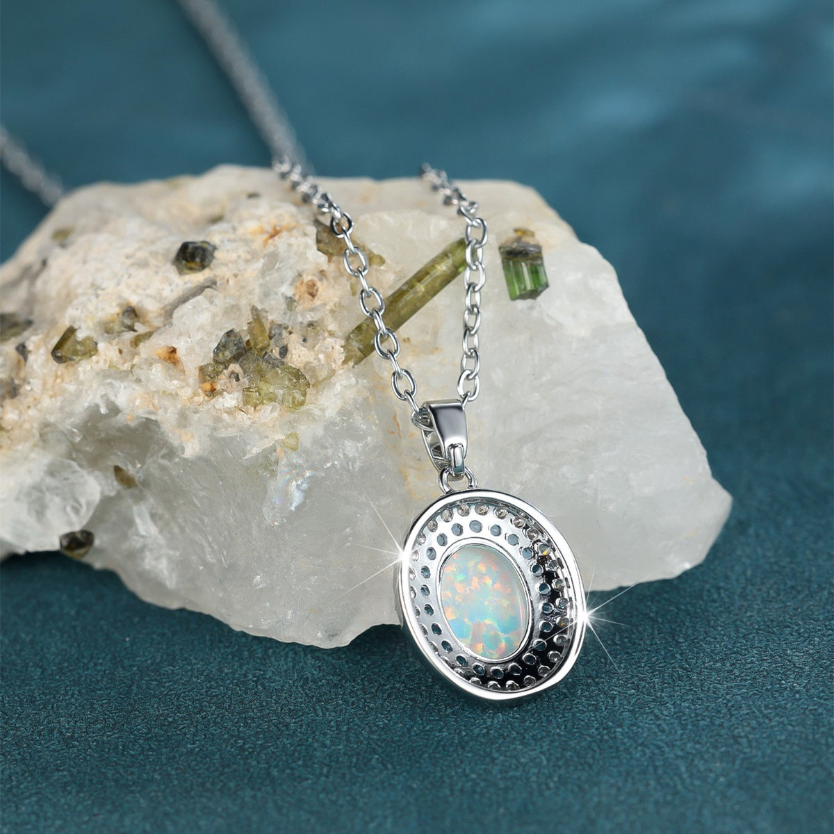 Opal Halo Pendant Necklace