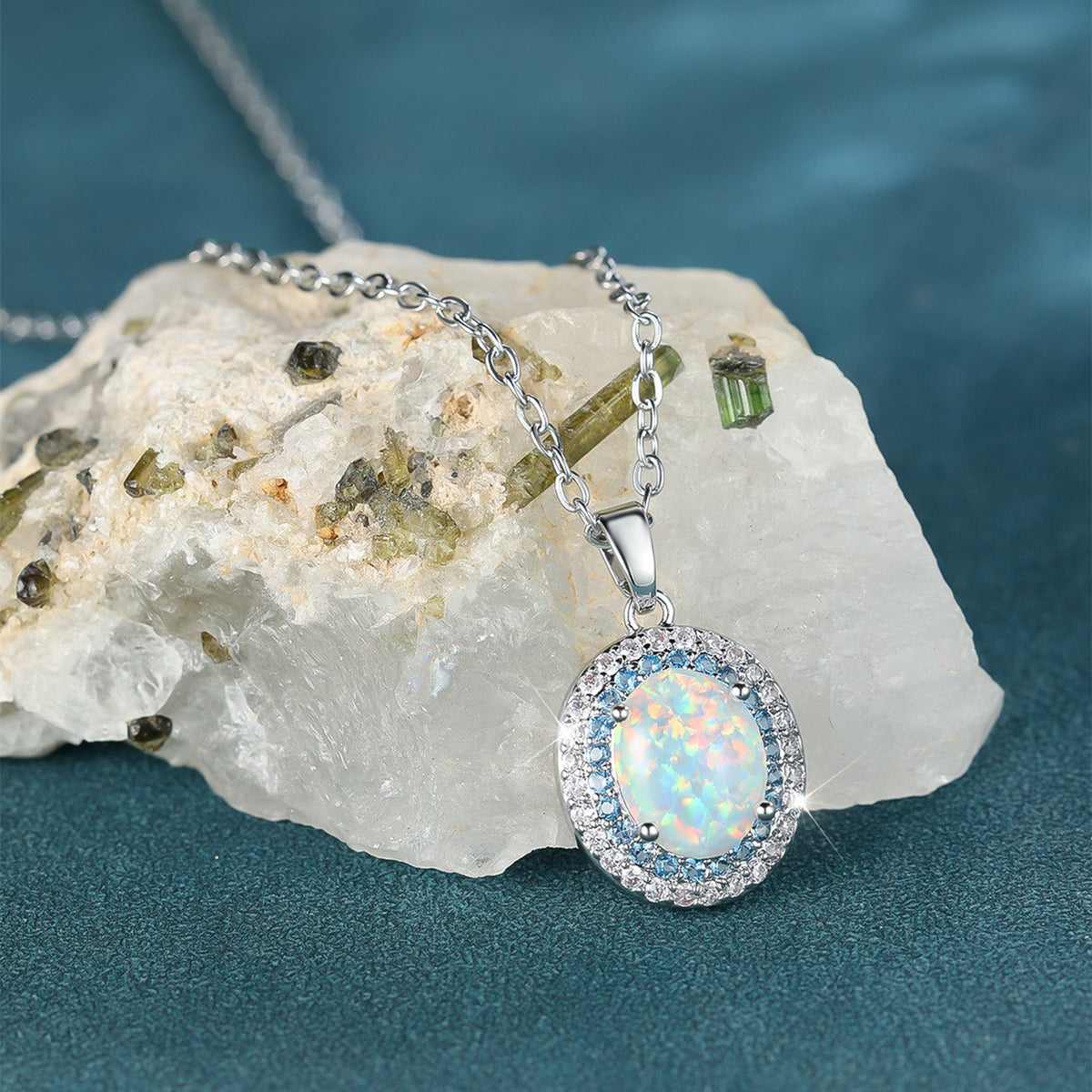 Opal Halo Pendant Necklace