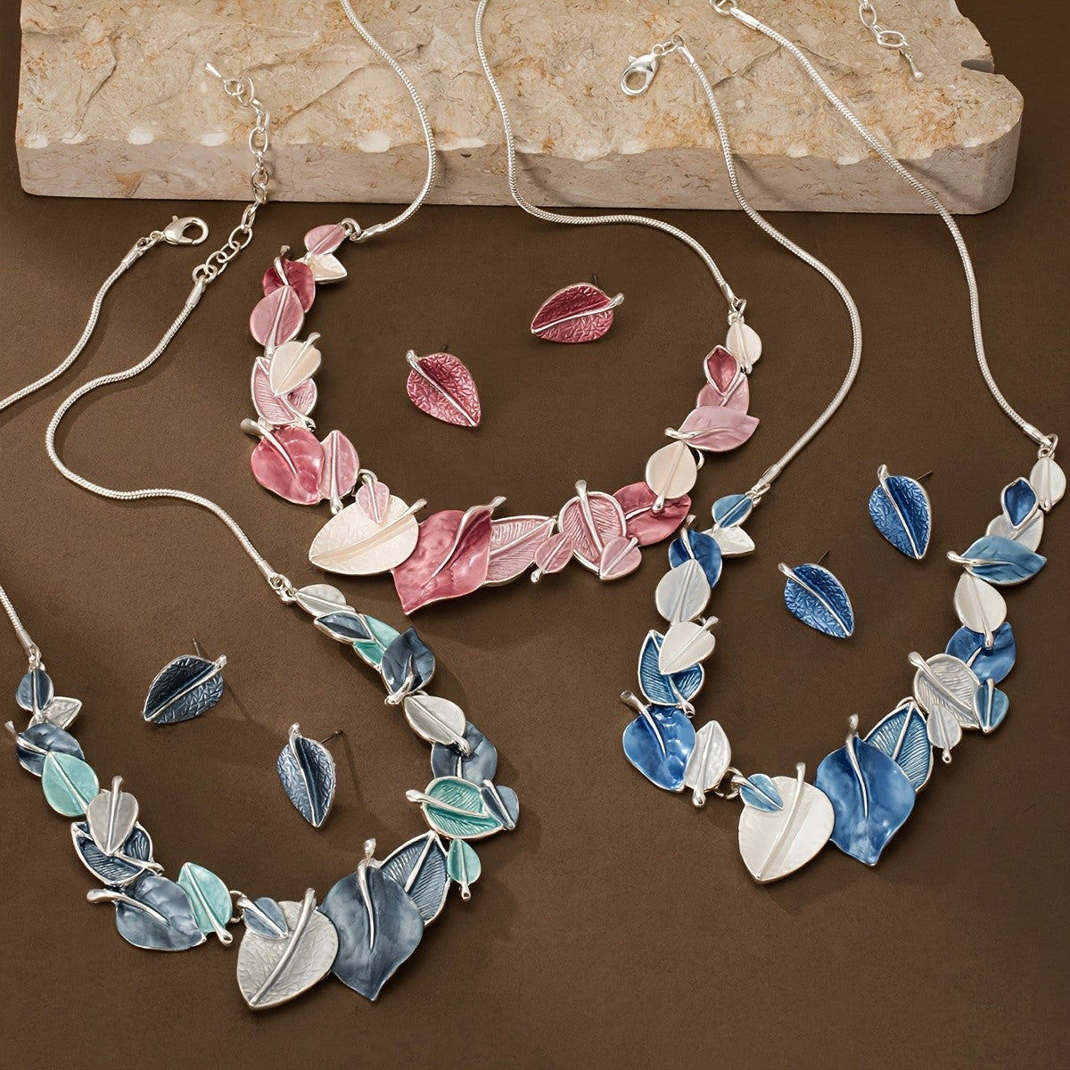 Blue Leaf Cluster Necklace & Earring Set
